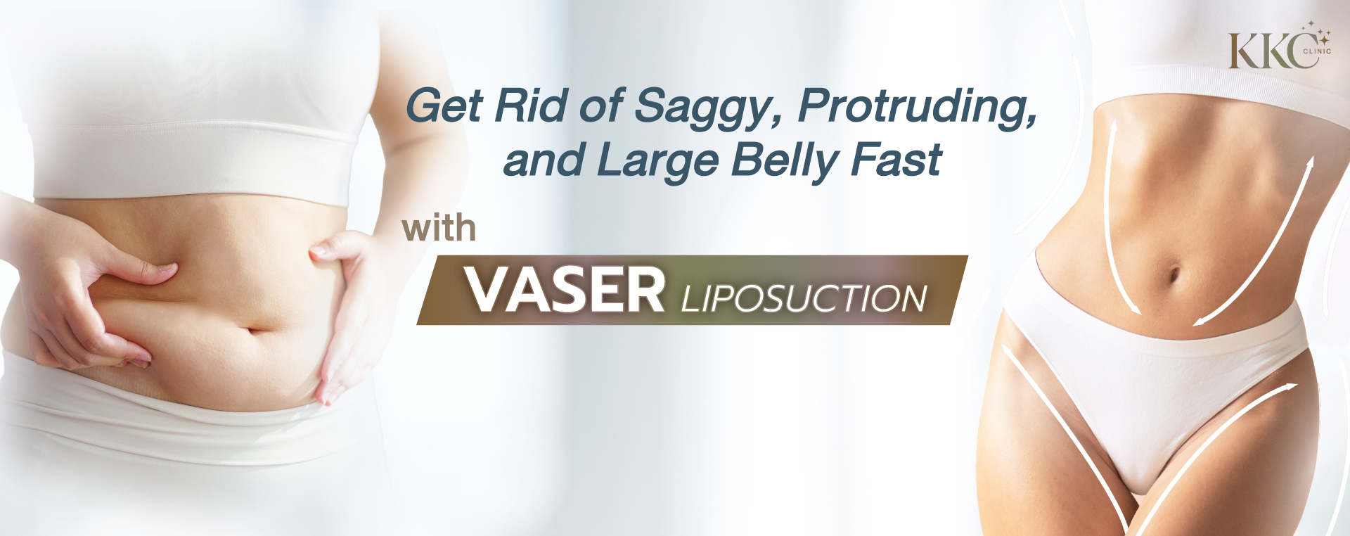The left depicts a person pinching saggy, protruding belly fat, while the right image shows a toned, flat belly.