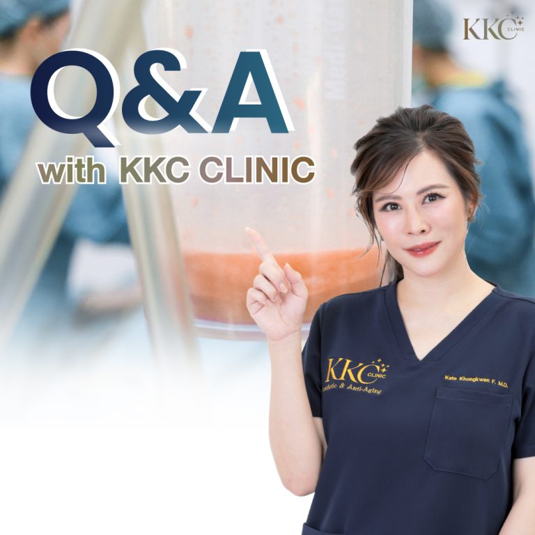 Dr. Khongkwan Fujitnirun in a dark blue uniform points upwards. Behind her, there is a container filled with fat from a liposuction procedure.