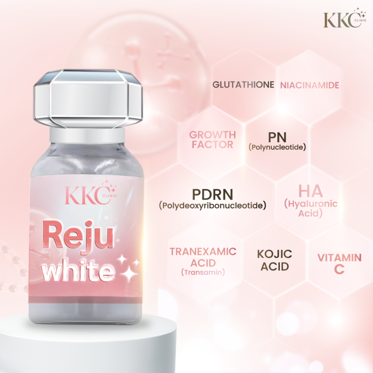 ขวดที่มีฉลากว่า “Rejuwhite” พร้อมรายการส่วนผสม ได้แก่ Glutathione, Niacinamide, Growth Factor, PN (Polynucleotide), PDRN (Polydeoxyribonucleotide), HA (Hyaluronic Acid), Tranexamic Acid (Transamin), Kojic Acid, และ Vitamin C
