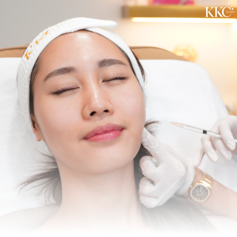 ผู้หญิงกำลังรับการฉีดโบท็อกซ์ใกล้บริเวณคาง ขณะหลับตานอนที่ KKC Clinic