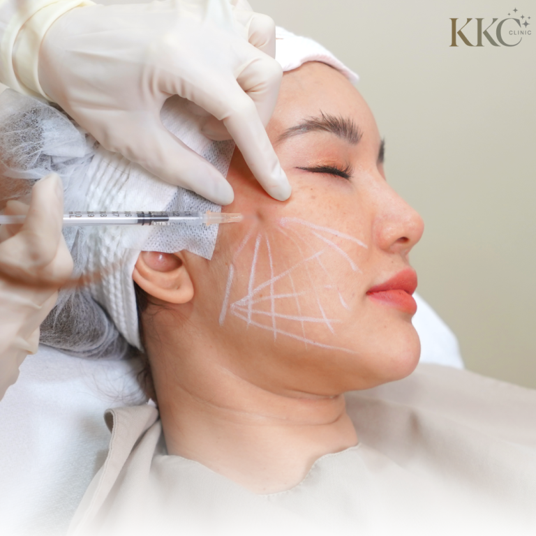 ผู้ป่วยหญิงกำลังรับการฉีด Radiesse ที่ KKC Clinic โดยแพทย์กำลังฉีดบริเวณแก้มตามเส้นแนวที่วาดไว้เพื่อยกกระชับและปรับรูปหน้า