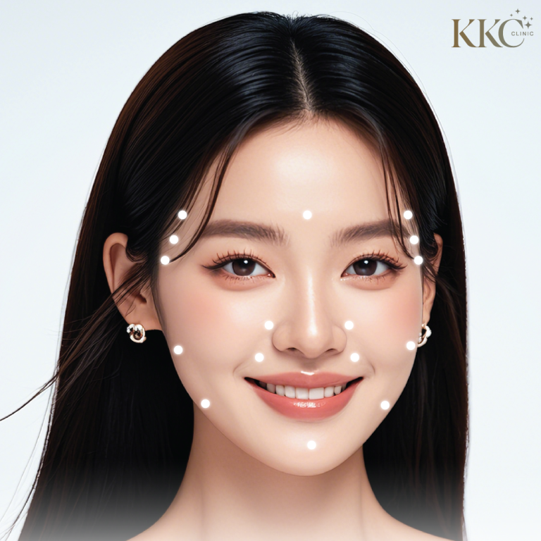 ผู้หญิงยิ้มที่มีผิวเนียนใส พร้อมจุดสีขาวที่เน้นตำแหน่งการฉีดบนใบหน้า แสดงถึงตัวเลือกการรักษาด้วยเมโสเทอราพีหรือฟิลเลอร์ที่ KKC Clinic