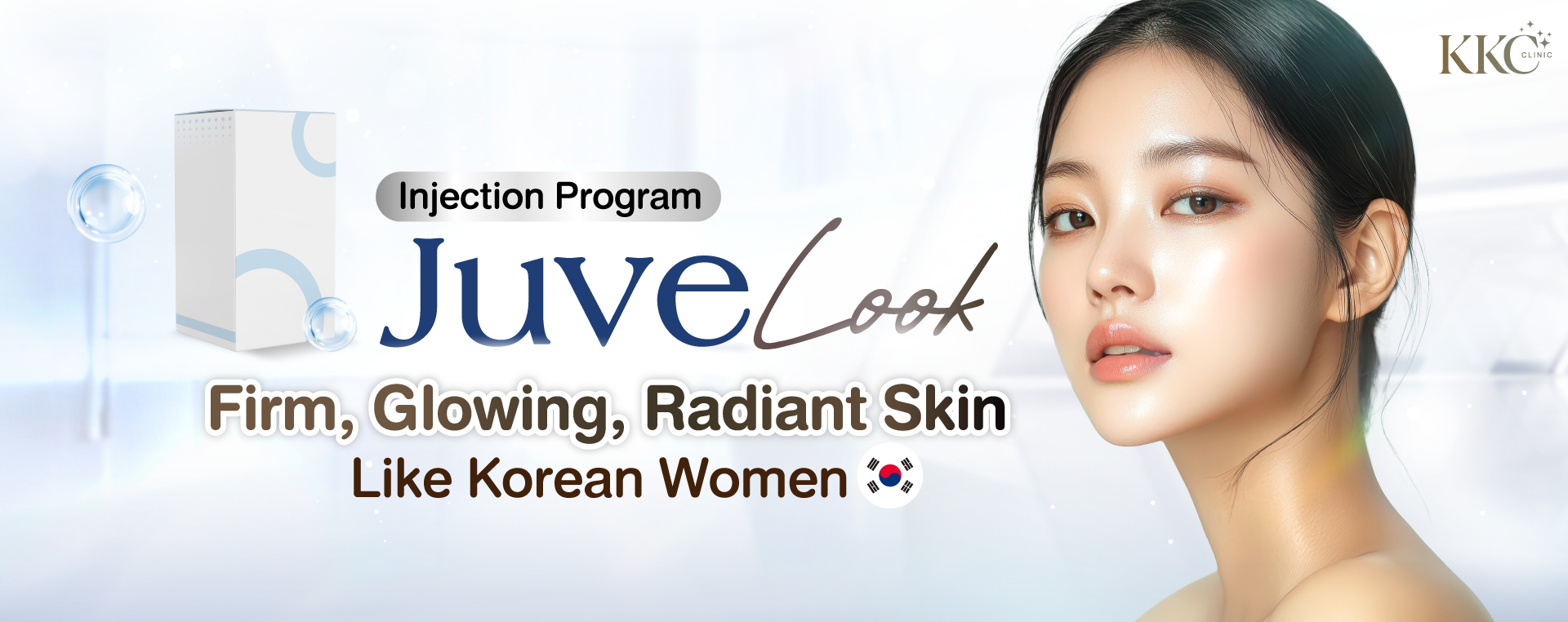 JuveLook injection program promoting firm, glowing, radiant skin like Korean women, with a box of the product displayed alongside a model showcasing smooth, luminous skin.