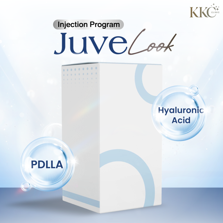 JuveLook injection program packaging with labeled components, featuring PDLLA and Hyaluronic Acid in transparent spheres beside the box.