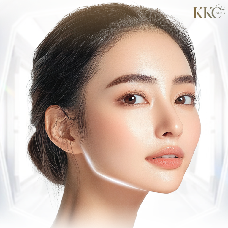ใกล้ชิดของผู้หญิงที่มีผิวสวยไร้ที่ติ เปล่งประกาย เน้นกรอบหน้าชัด