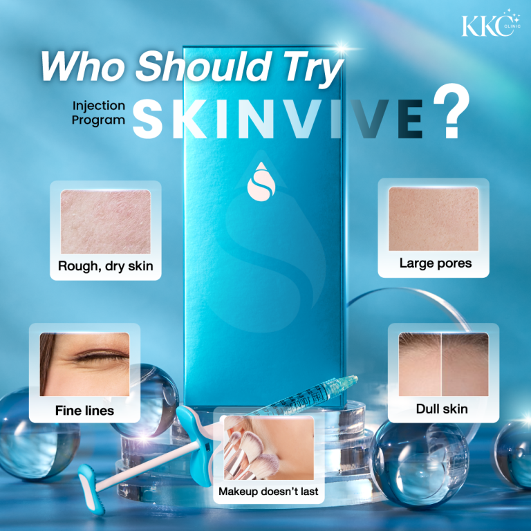 Skinvive advertisement displaying different skin conditions suitable for treatment: dry rough skin, enlarged pores, fine lines, dull skin tone, and makeup that doesn't adhere well.