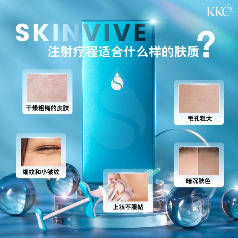 Skinvive广告，展示适合治疗的不同皮肤状况：干燥粗糙的皮肤、毛孔粗大、细纹、暗沉肤色和上妆不服帖。