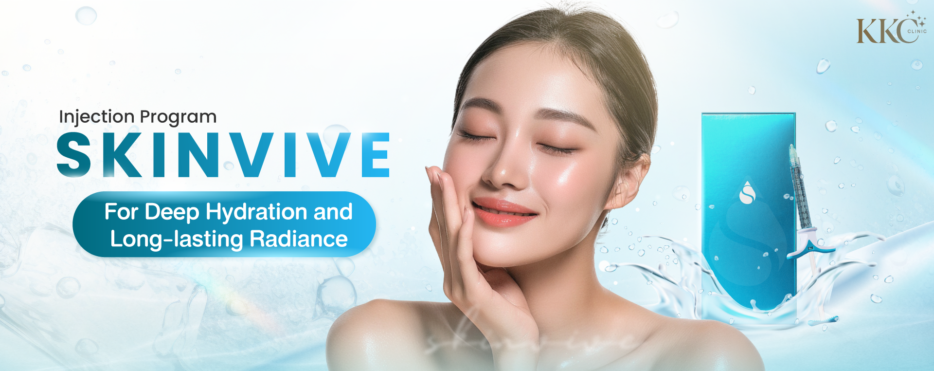 Skinvive injection advertisement featuring a smiling woman with radiant skin, promoting deep hydration and long-lasting brightness.