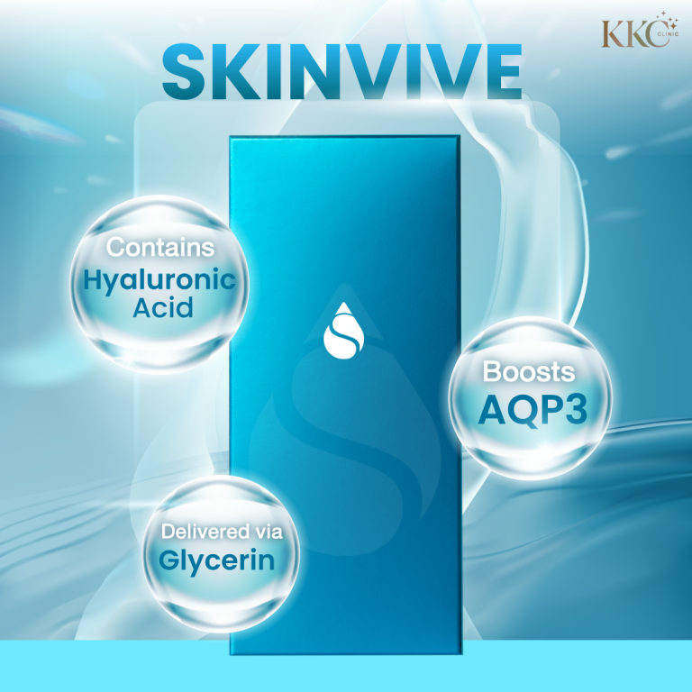 Skinvive product packaging with highlighted features: transparent hyaluronic acid, carrier glycerol, and Aquaporin 3 enhancement.
