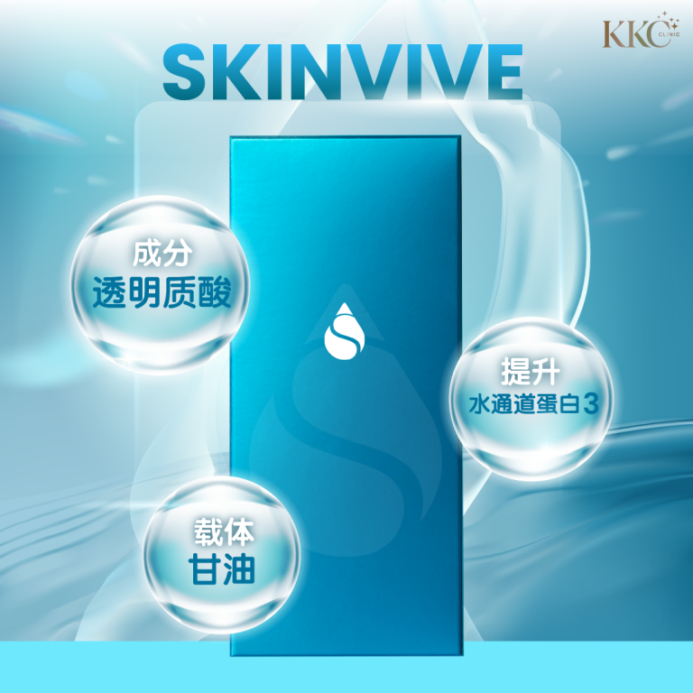 Skinvive产品包装，突出特点：透明质酸、载体甘油和提升水通道蛋白3。