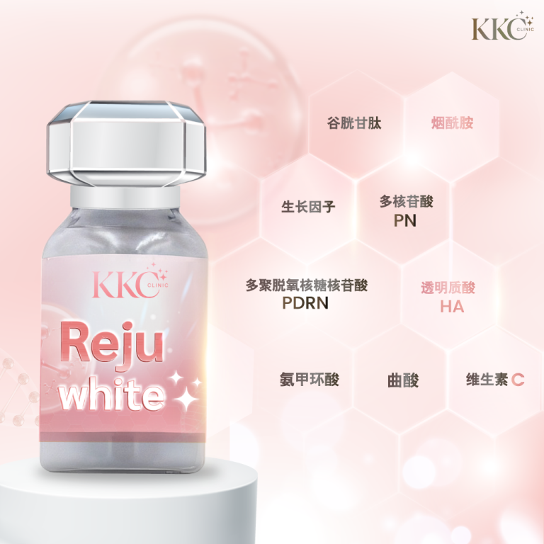 一瓶带有KKC医疗美容诊所标志的丽珠白注射瓶置于白色底座上，背景为粉色六边形分子图案。瓶周围列出了主要成分，包括“PDRN”、“PN”、“HA”、“维生素C”等。
