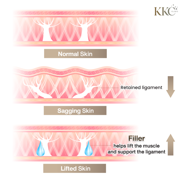 Diagram comparing normal skin, sagging skin, and lifted skin after filler treatment, showing structural changes and the addition of fillers.