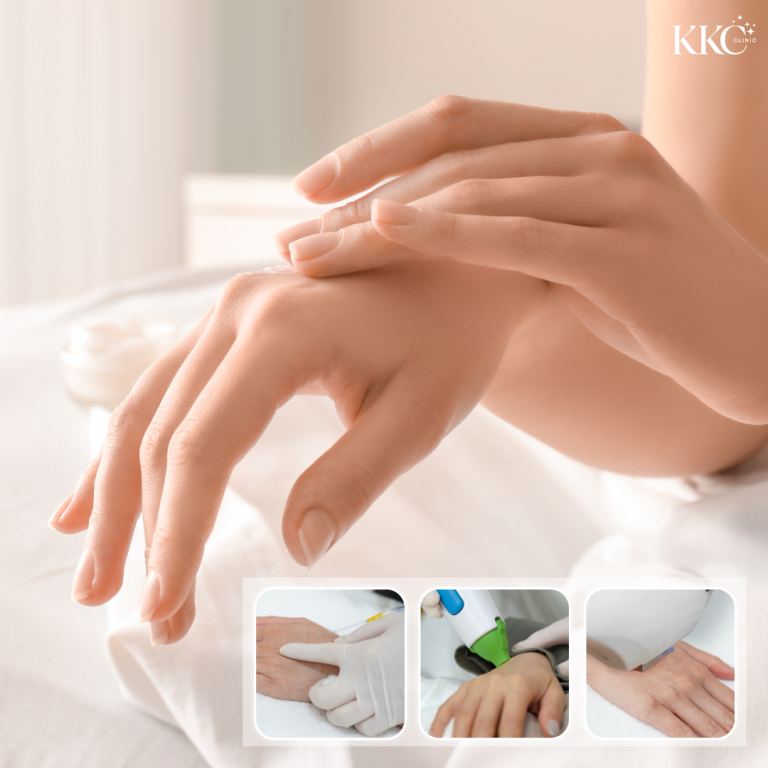 มือเรียบเนียนวางบนพื้นสีขาว พร้อมภาพประกอบการรักษาฟื้นฟูมือ 3 แบบ ได้แก่ การฉีดฟิลเลอร์ เทอร์มาจ และ IPL