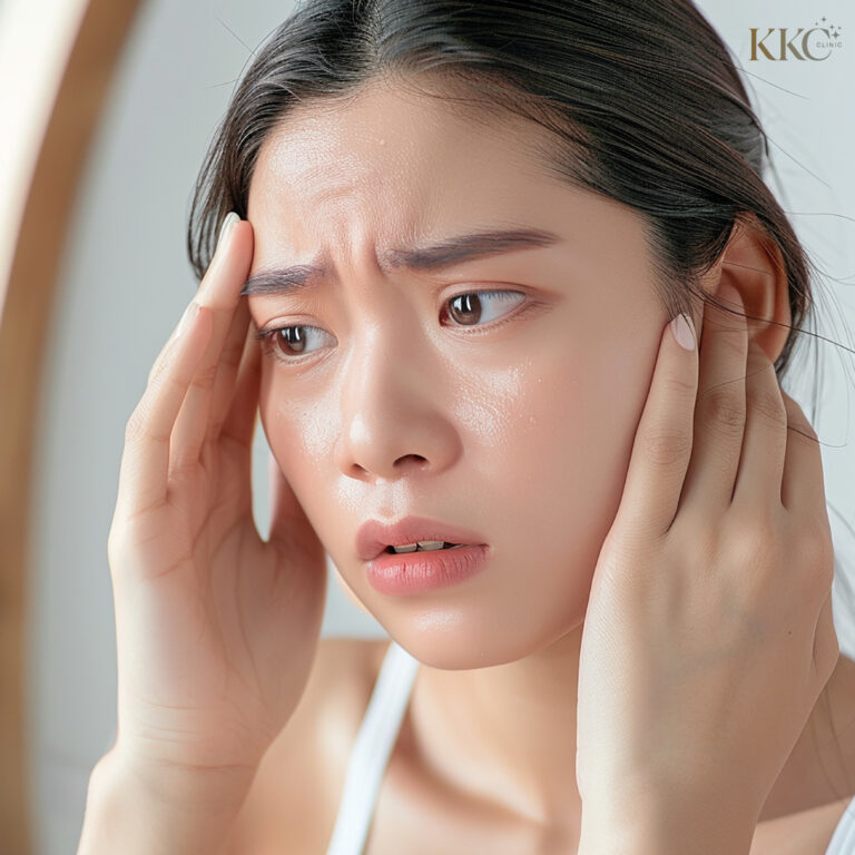 หญิงสาวท่าทางกังวล กำลังจับใบหน้าทั้งสองข้างขณะมองกระจก แสดงความกังวลเกี่ยวกับปัญหาผิวหน้า