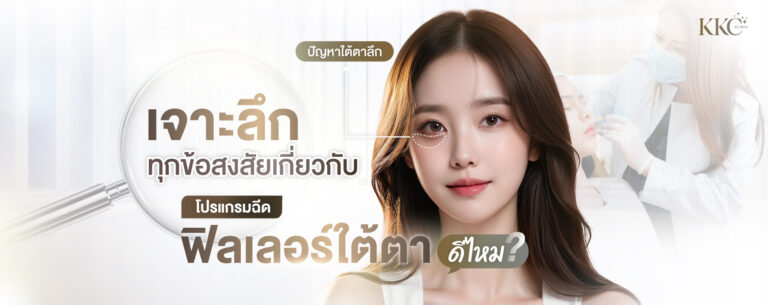ผู้หญิงผิวเรียบเนียนมีเส้นประเน้นใต้ตา ขณะด้านหลังมีคุณหมอกำลังฉีดฟิลเลอร์ใต้ตา