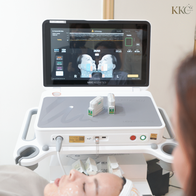 หน้าจอเครื่อง Ultherapy Prime แสดงภาพแผนที่การรักษาบนใบหน้า พร้อมหัวอัลตร้าซาวด์ 2 ชิ้นวางอยู่บนเครื่อง และผู้ป่วยนอนเตรียมรับการรักษา