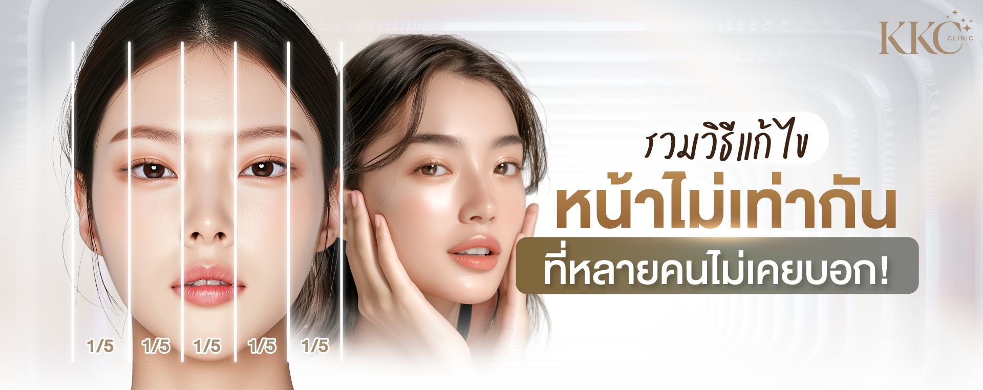 ผู้หญิงสองคนเปรียบเทียบสัดส่วนใบหน้าที่สมดุลและไม่สมดุล มีเส้นแบ่งแนวตั้ง 1/5 และข้อความหัวข้อเกี่ยวกับการแก้ไขปัญหาใบหน้าไม่เท่ากัน